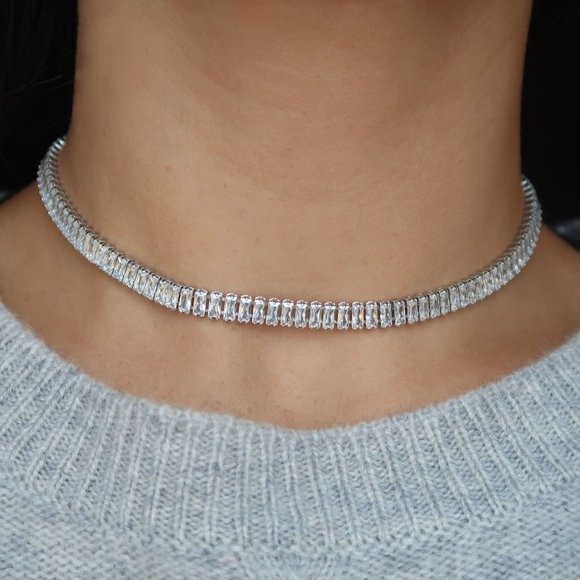 Jewelry - Diamond Tennis Necklace, CZ Tennis Necklace Choker, Baguette Tennis Necklace